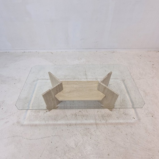 Image 1 of Vintage travertijn en geslepen glazen salontafel, Italië 1980