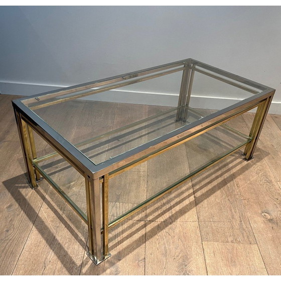 Image 1 of Modernistische salontafel van chroom en verguld metaal met drie poten. Frans werk in de stijl van Willy Rizzo. Circa 1970