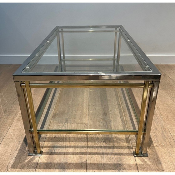 Image 1 of Modernistische salontafel van chroom en verguld metaal met drie poten. Frans werk in de stijl van Willy Rizzo. Circa 1970