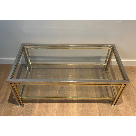 Image 1 of Modernistische salontafel van chroom en verguld metaal met drie poten. Frans werk in de stijl van Willy Rizzo. Circa 1970