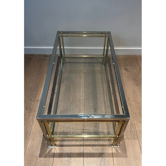 Image 1 of Modernistische salontafel van chroom en verguld metaal met drie poten. Frans werk in de stijl van Willy Rizzo. Circa 1970