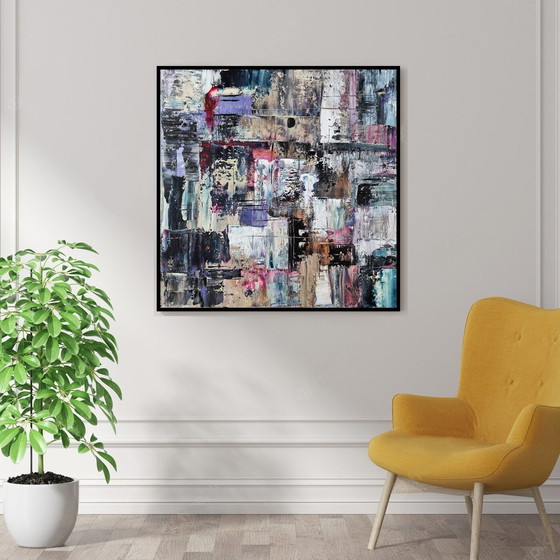 Image 1 of Frances Eckhardt - Kleurrijk abstract schilderij 70x70 cm +lijst