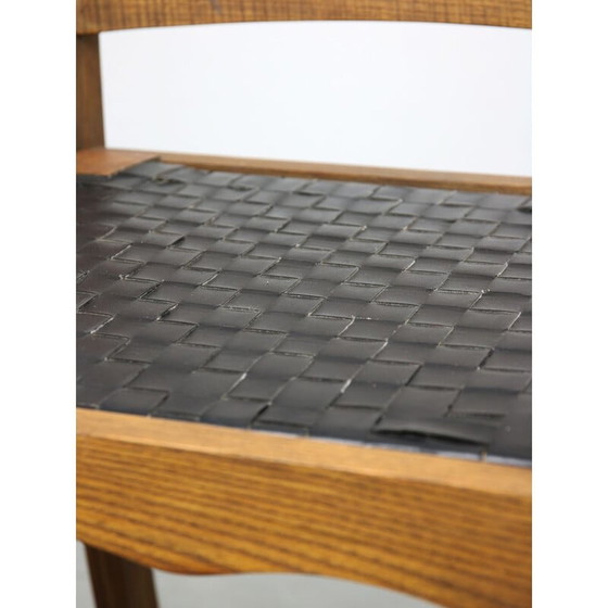 Image 1 of Set van 4 vintage eikenhouten fauteuils met gestreept kunstleer