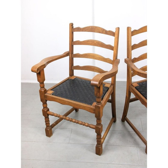 Image 1 of Set van 4 vintage eikenhouten fauteuils met gestreept kunstleer