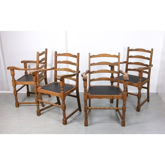 Image 1 of Set van 4 vintage eikenhouten fauteuils met gestreept kunstleer