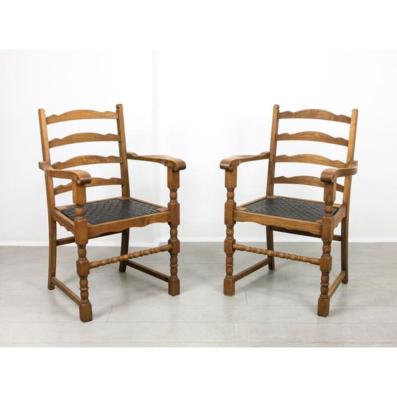 Image 1 of Set van 4 vintage eikenhouten fauteuils met gestreept kunstleer