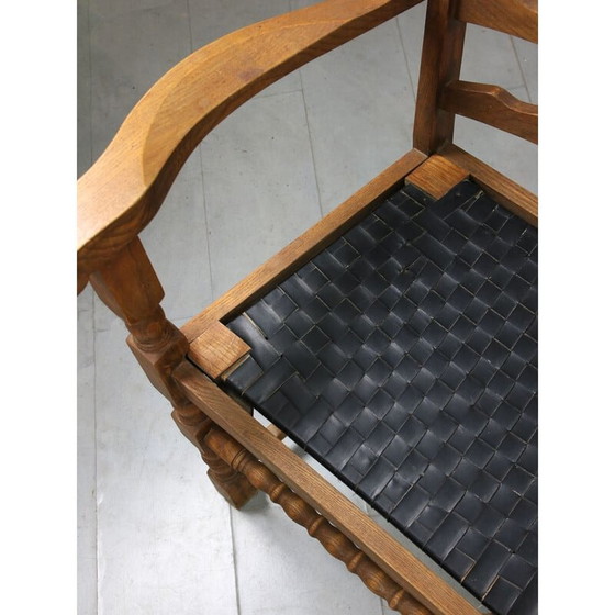 Image 1 of Set van 4 vintage eikenhouten fauteuils met gestreept kunstleer