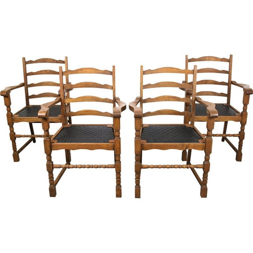 Set van 4 vintage eikenhouten fauteuils met gestreept kunstleer