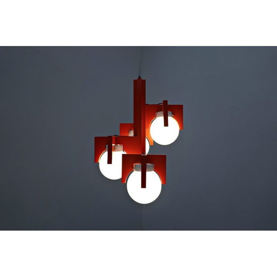 Image 1 of Vintage rood gelakt hout en opaline hanglamp, Italië 1970