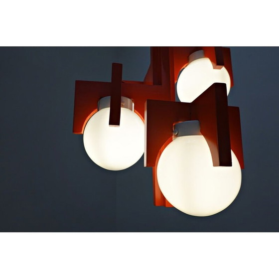 Image 1 of Vintage rood gelakt hout en opaline hanglamp, Italië 1970