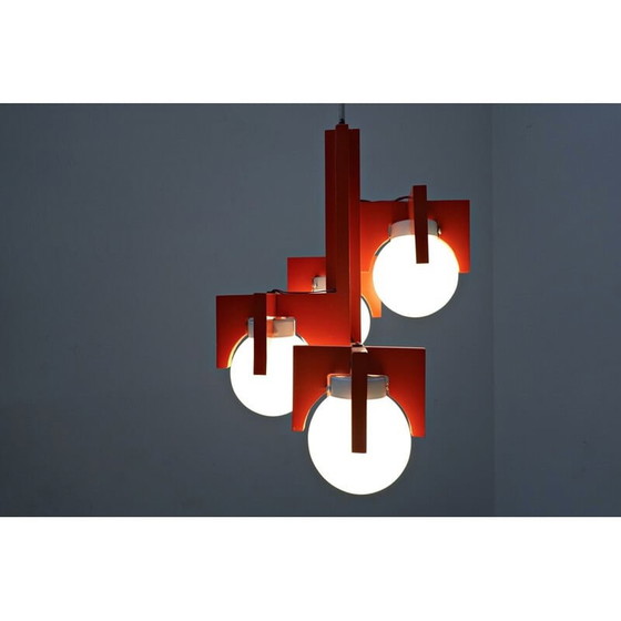 Image 1 of Vintage rood gelakt hout en opaline hanglamp, Italië 1970