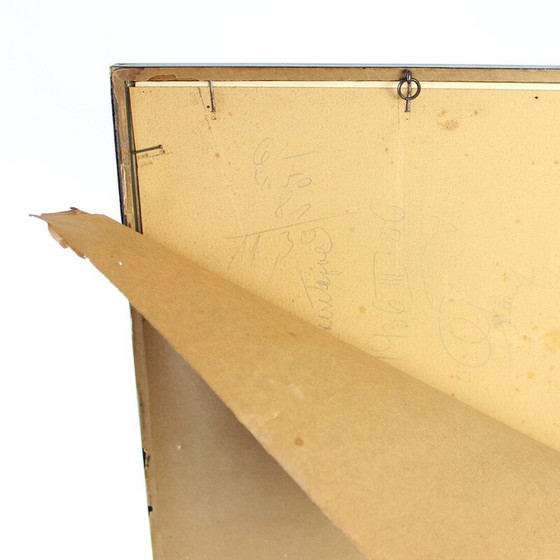 Image 1 of Vintage wanddecoratie van een jongen die wakker wordt uit zijn zwarte bed met houten frame, Tsjecho-Slowakije