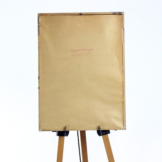 Image 1 of Vintage wanddecoratie van een jongen die wakker wordt uit zijn zwarte bed met houten frame, Tsjecho-Slowakije