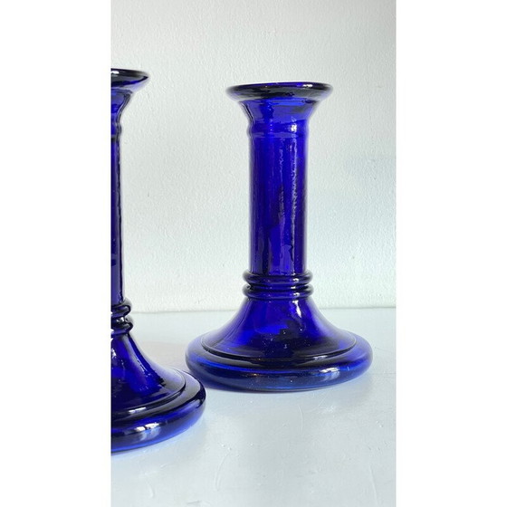 Image 1 of Paar vintage blauwe glazen kandelaars