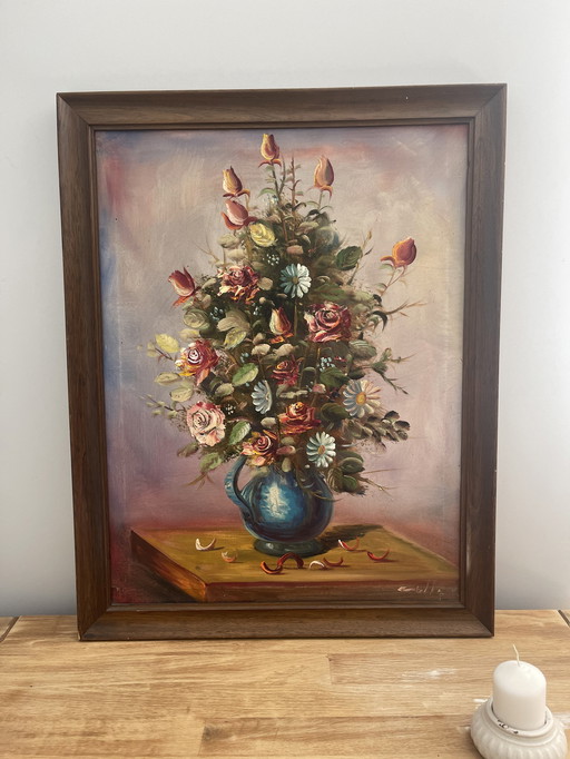 Klassiek schilderij- Stilleven Bloemen In Vaas