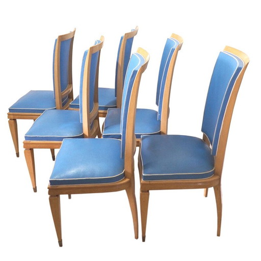 Set van 6 vintage stoelen in citroenhout en blauw vinyl, 1940