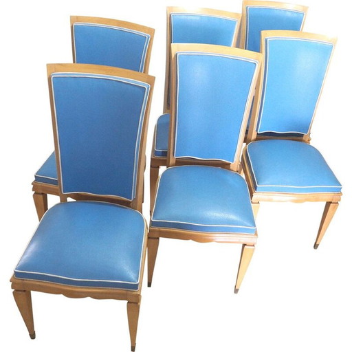 Set van 6 vintage stoelen in citroenhout en blauw vinyl, 1940