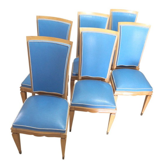 Image 1 of Set van 6 vintage stoelen in citroenhout en blauw vinyl, 1940