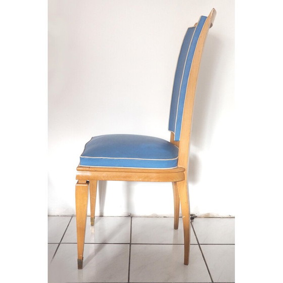 Image 1 of Set van 6 vintage stoelen in citroenhout en blauw vinyl, 1940