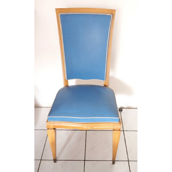 Image 1 of Set van 6 vintage stoelen in citroenhout en blauw vinyl, 1940