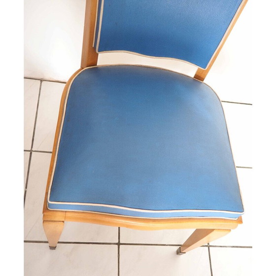 Image 1 of Set van 6 vintage stoelen in citroenhout en blauw vinyl, 1940