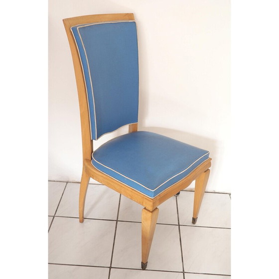 Image 1 of Set van 6 vintage stoelen in citroenhout en blauw vinyl, 1940