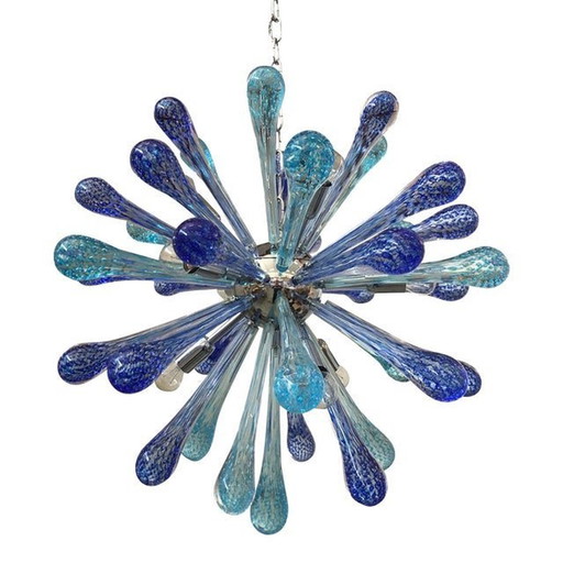 Murano Spoetnik kroonluchter met blauwe druppels en Kromo metalen frame