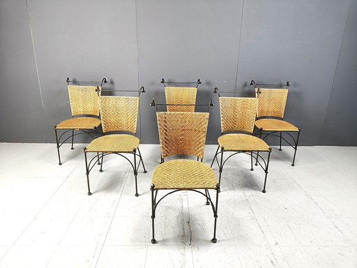 Set van 6 smeedijzeren en rieten bistrostoelen, 1960S