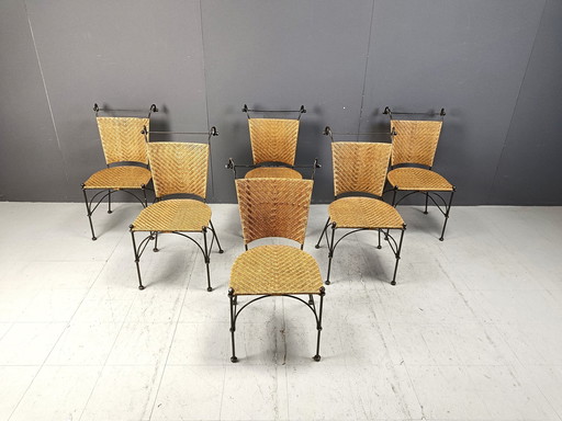 Set van 6 smeedijzeren en rieten bistrostoelen, 1960S