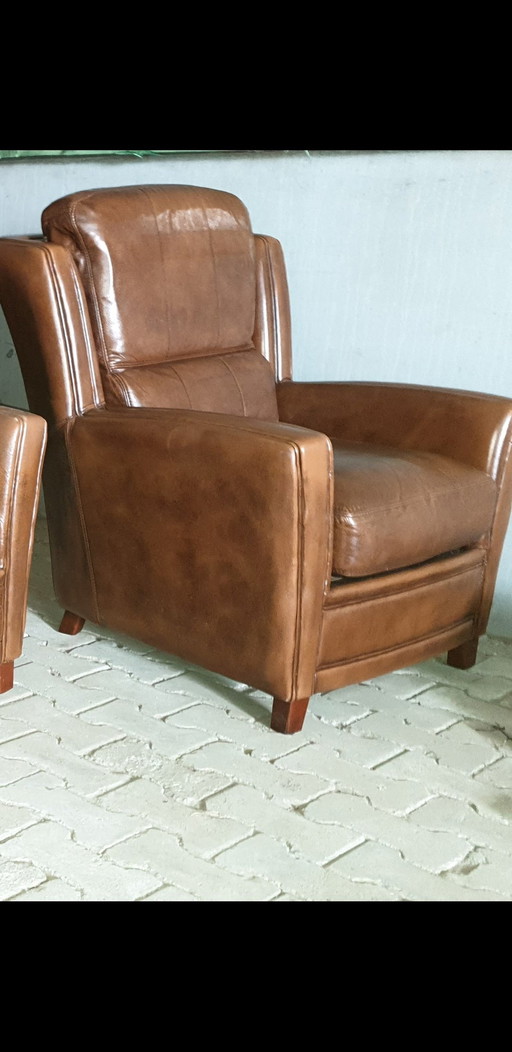 Kasteel Leder Bank Met 3 Fauteuils 