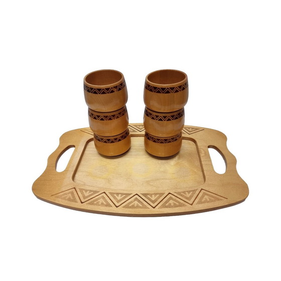 Image 1 of Vintage Houten Bekerhouders Met Dienblad, Jaren 70