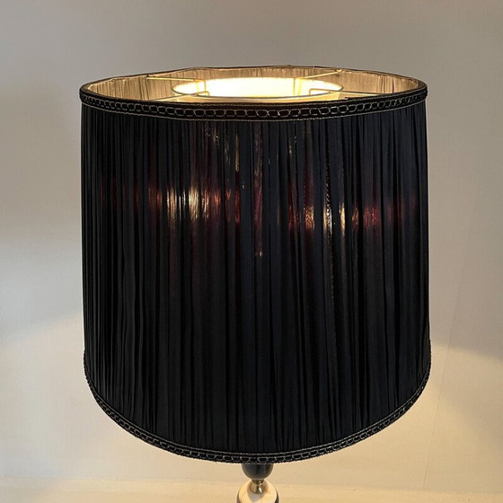Image 1 of Vintage messing, onyx en gepolijst houten vloerlamp met stoffen kap, Italië 1950
