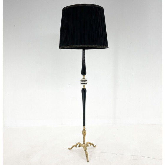 Image 1 of Vintage messing, onyx en gepolijst houten vloerlamp met stoffen kap, Italië 1950