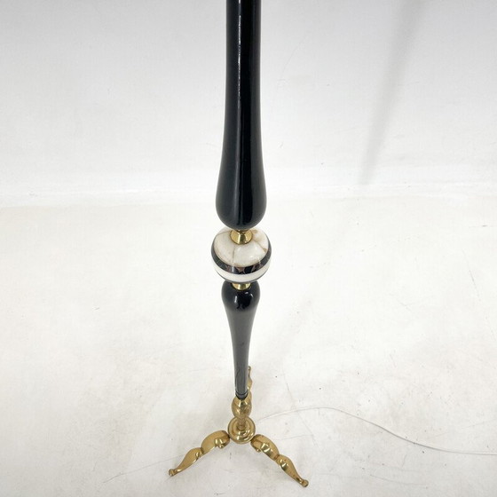 Image 1 of Vintage messing, onyx en gepolijst houten vloerlamp met stoffen kap, Italië 1950