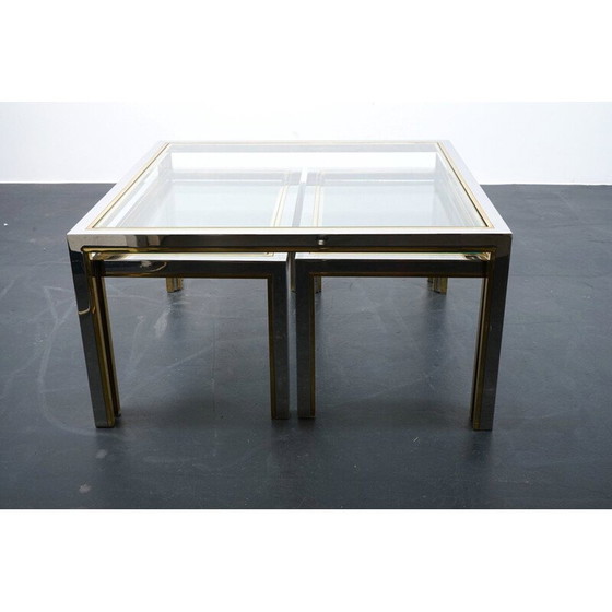 Image 1 of Set van 3 vintage salontafels van messing en glas, Frankrijk 1970