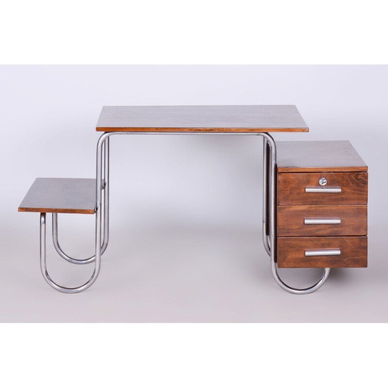 Image 1 of Vintage Bauhaus bureau in beuken en verchroomd staal door Robert Slezak voor Slezak Factories, Tsjecho-Slowakije 1930