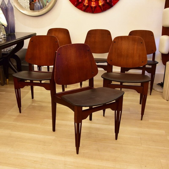 Image 1 of Set van 6 vintage houten eetkamerstoelen voor Fratelli Proserpio, Italië 1950
