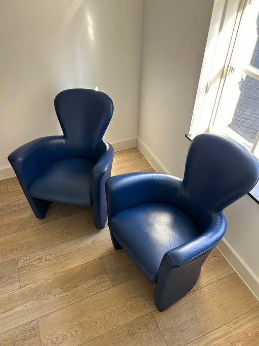 2X Leolux Amphora Fauteuils Kobalt Blauw Leer