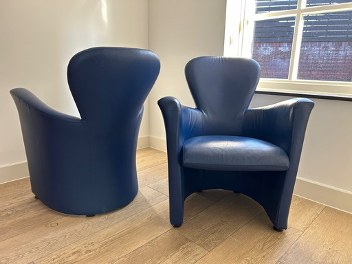 2X Leolux Amphora Fauteuils Kobalt Blauw Leer