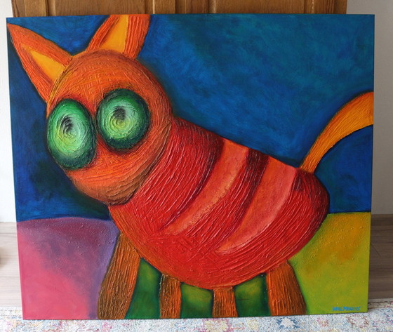 Image 1 of Paul Megens - Groot Schilderij 'The Red Cat'