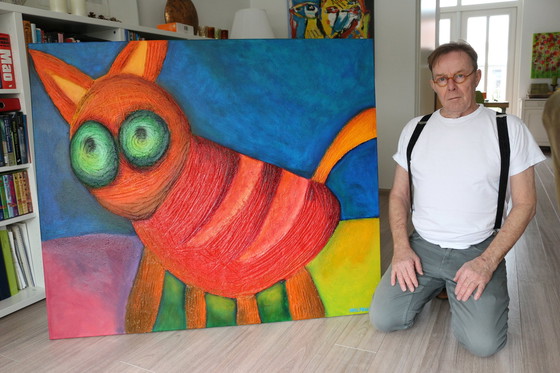 Image 1 of Paul Megens - Groot Schilderij 'The Red Cat'