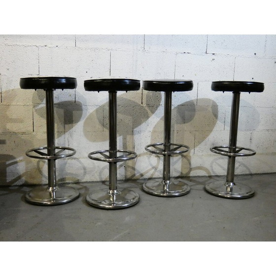 Image 1 of Set van 4 vintage krukjes van gepolijst roestvrij staal en zwart skai, 1970