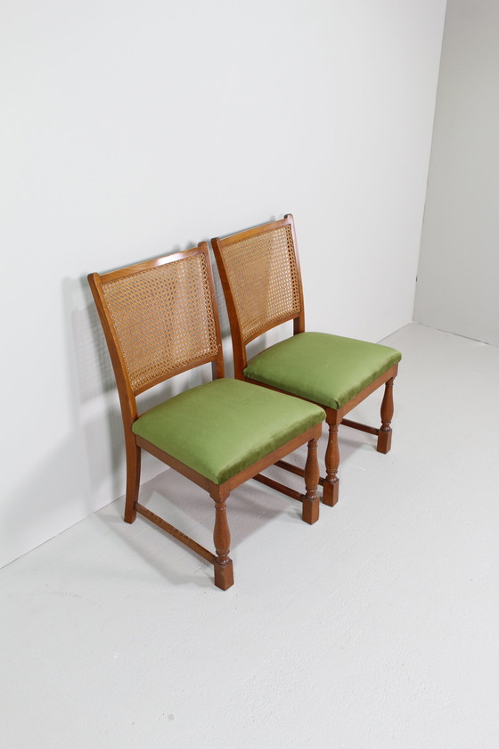 Image 1 of Vintage Eetkamerstoelen - Lübke, Groen, Riet Jaren '40/'50 