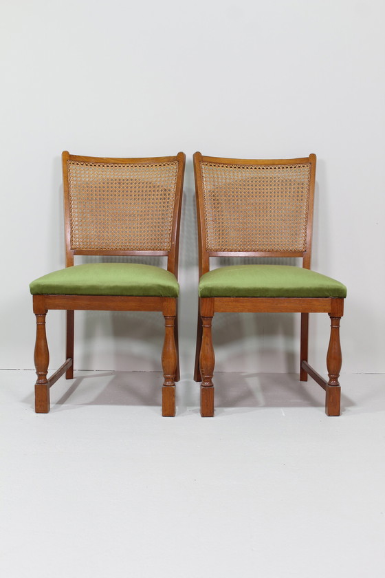 Image 1 of Vintage Eetkamerstoelen - Lübke, Groen, Riet Jaren '40/'50 