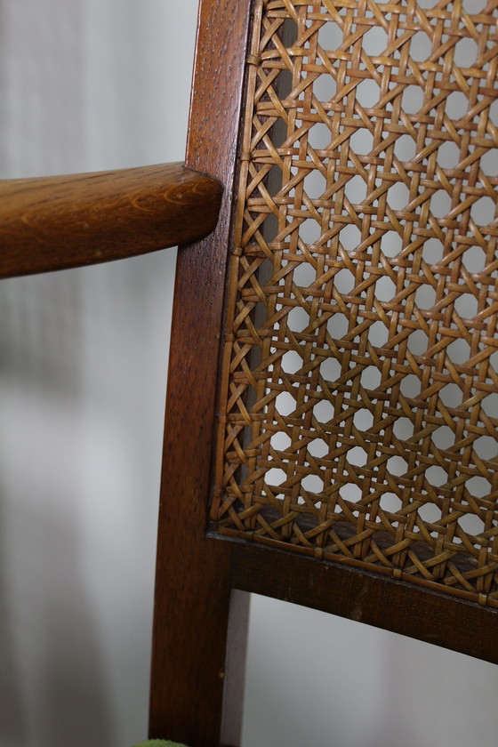 Image 1 of Vintage Eetkamerstoelen - Lübke, Groen, Riet Jaren '40/'50 