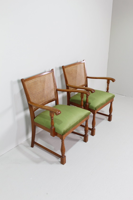 Image 1 of Vintage Eetkamerstoelen - Lübke, Groen, Riet Jaren '40/'50 