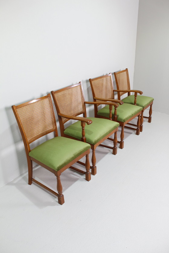 Image 1 of Vintage Eetkamerstoelen - Lübke, Groen, Riet Jaren '40/'50 