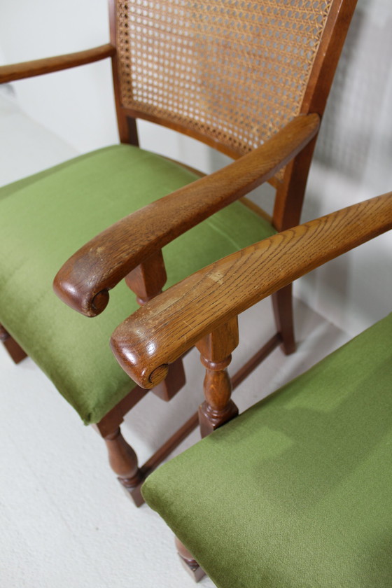 Image 1 of Vintage Eetkamerstoelen - Lübke, Groen, Riet Jaren '40/'50 