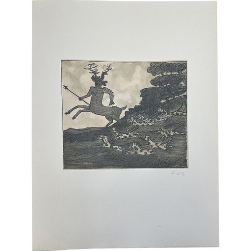 Oude gravure "Actéon" op papier door François Xavier Lalanne, Frankrijk 2005
