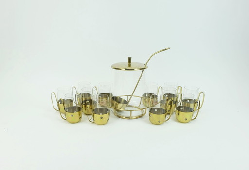 elegante Mid century PUNCH bowl set met 12 glazen en middenstuk 1950